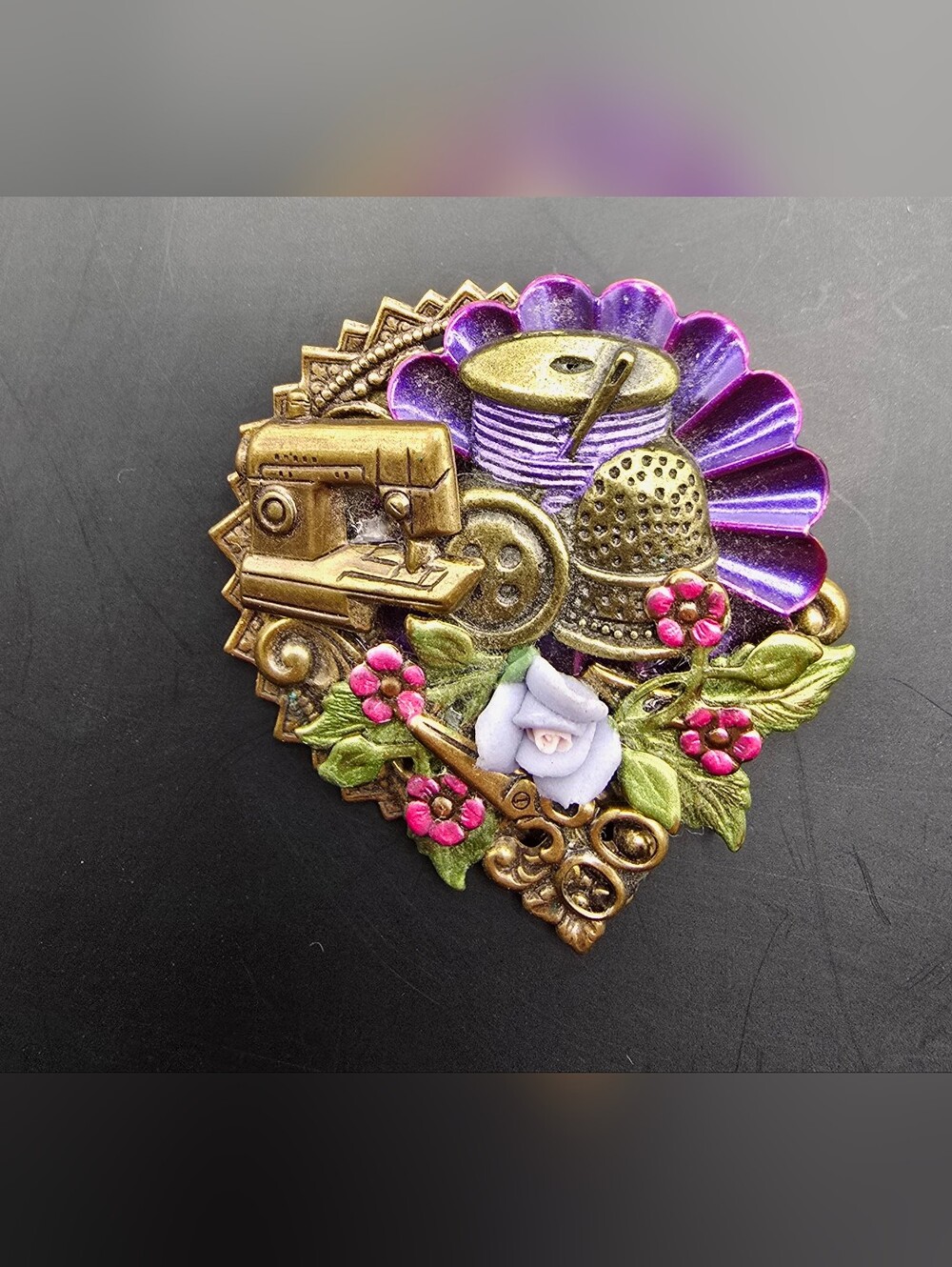 Vintage 80s Sewing-Themed Brooch with Purple Accents
